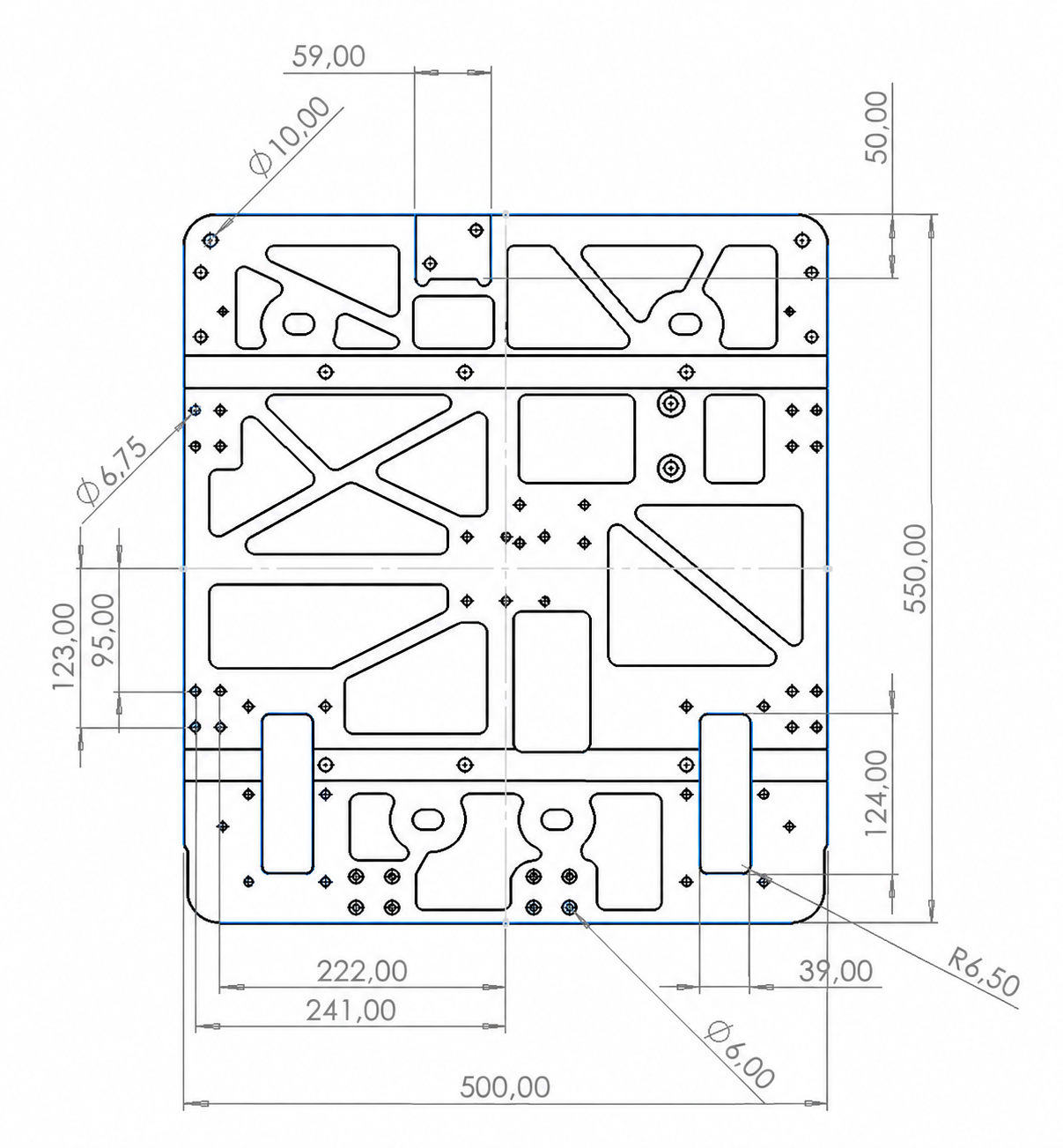 Plano acotado del chasis mecanizado para gripper