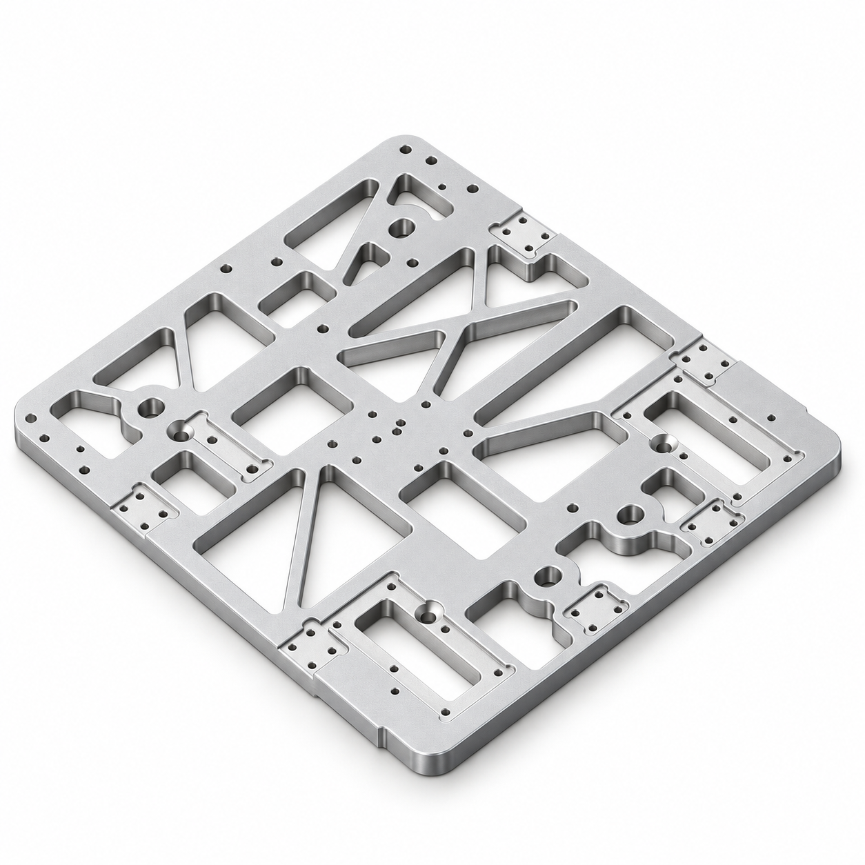 Render del chasis mecanizado para gripper en aluminio anodizado natural
